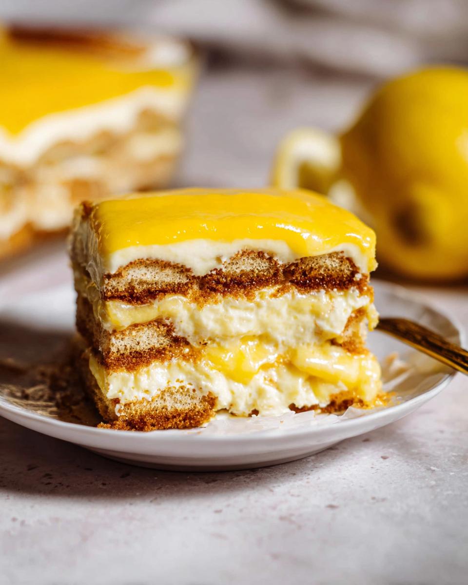 A close-up of a slice of Lemon Tiramisu, showing layers of ladyfingers and creamy lemon filling.