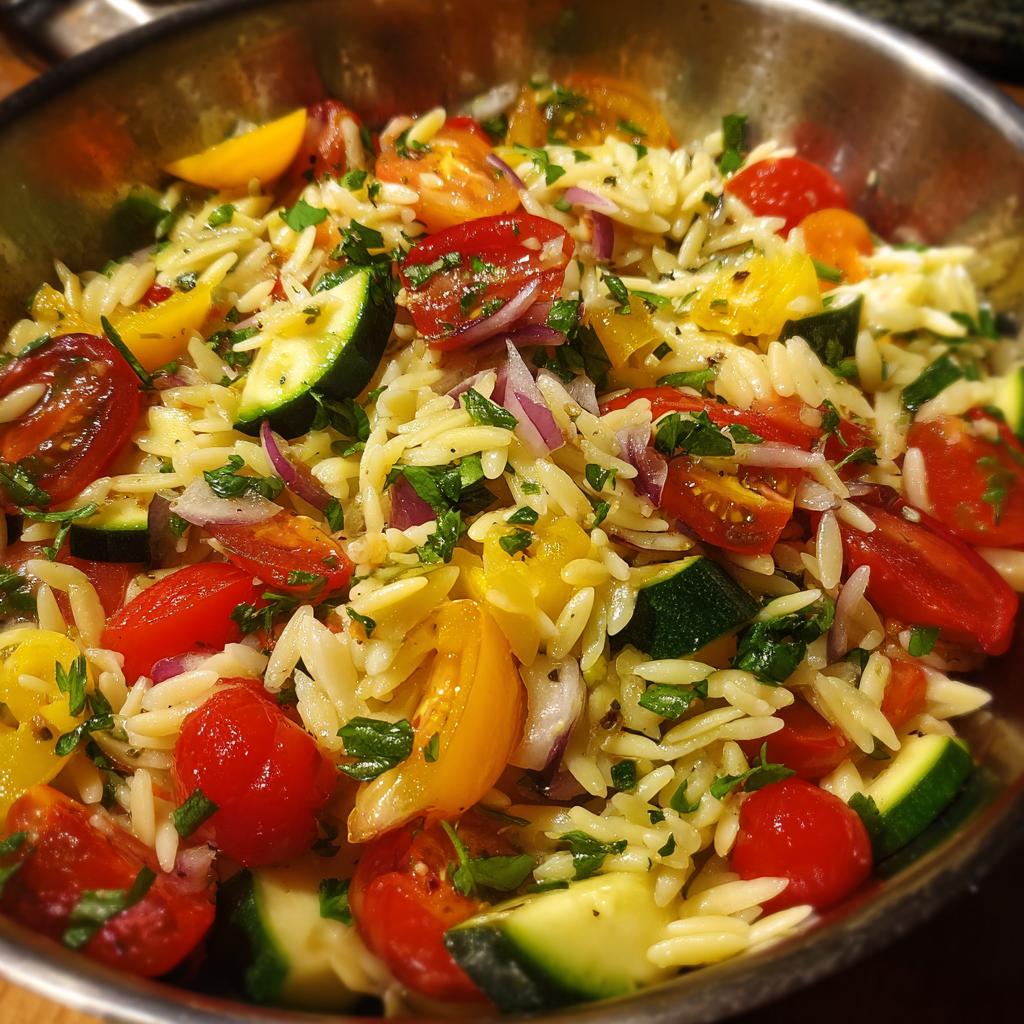 A close-up of a vibrant lemony orzo salad with fresh vegetables like cherry tomatoes, zucchini, and red onion.