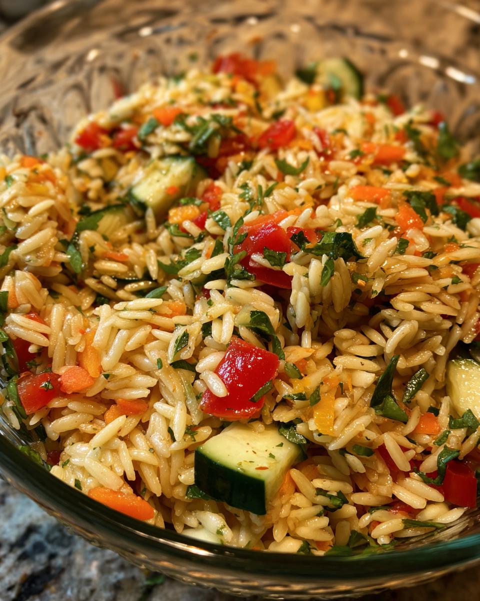 Close-up of a bowl of lemony orzo salad with chopped tomatoes, cucumbers, carrots, and parsley.