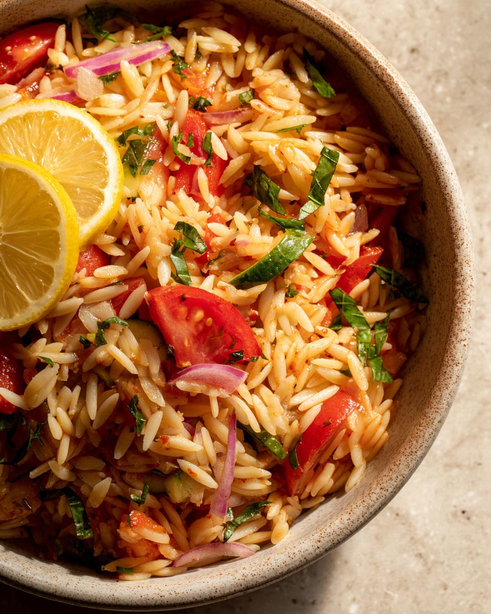 Close-up of a bowl of lemony orzo salad with fresh veggies, tomatoes, red onion, and lemon slices.