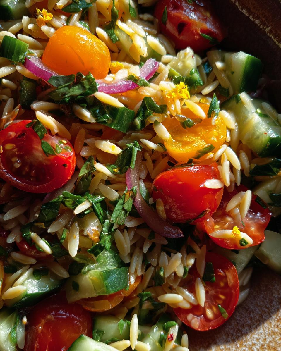 Close-up of a vibrant lemony orzo salad with cherry tomatoes, cucumber, red onion, and fresh herbs.