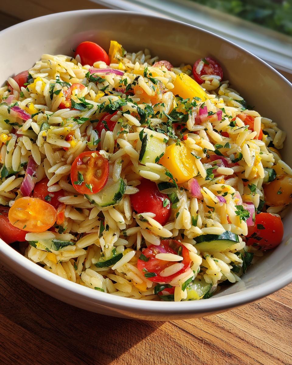 A bowl of lemony orzo salad with fresh veggies like cherry tomatoes, cucumber, and red onion, topped with parsley.