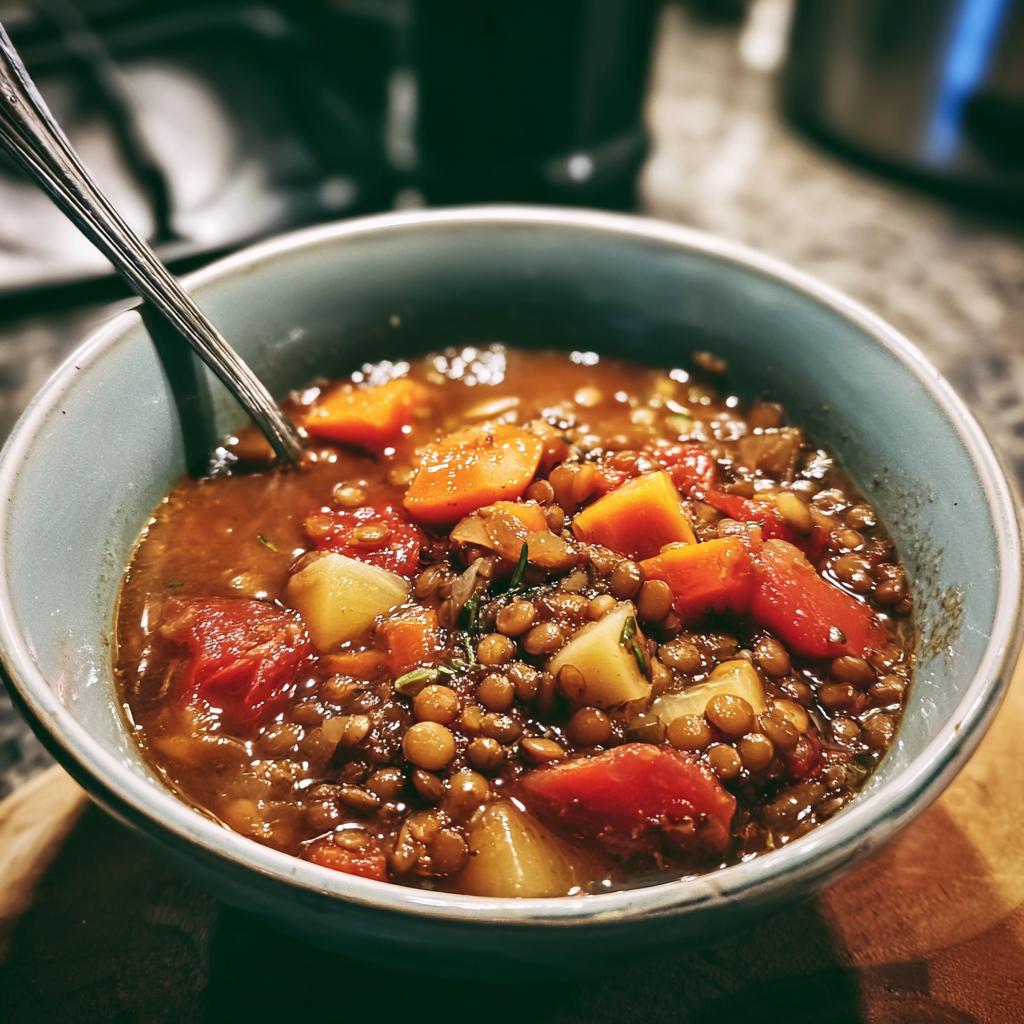 A close-up of a bowl of lentil vegetable soup, showcasing lentils, carrots, potatoes, and tomatoes, perfect for meal prep.