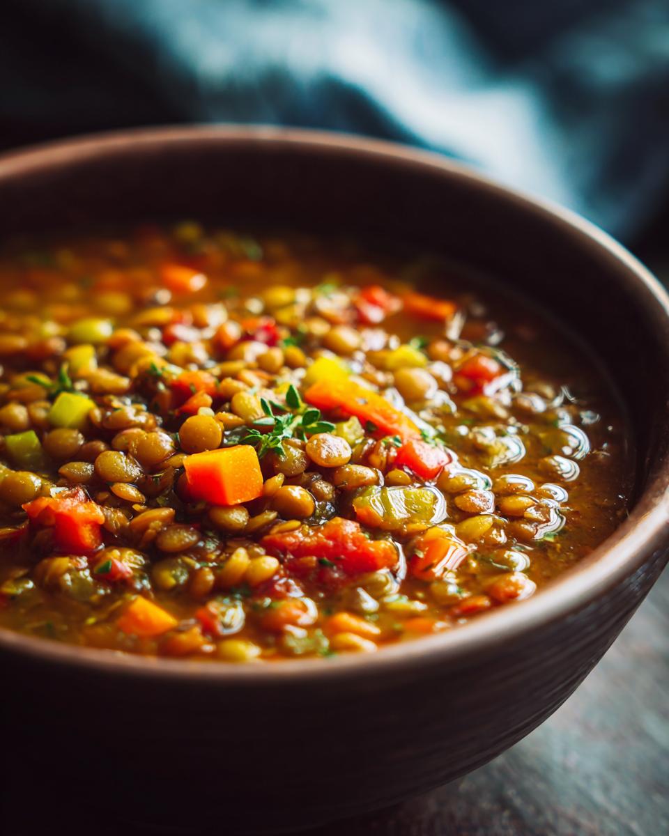 Close-up of a rustic bowl filled with hearty lentil vegetable soup, featuring lentils, carrots, celery, and tomatoes.