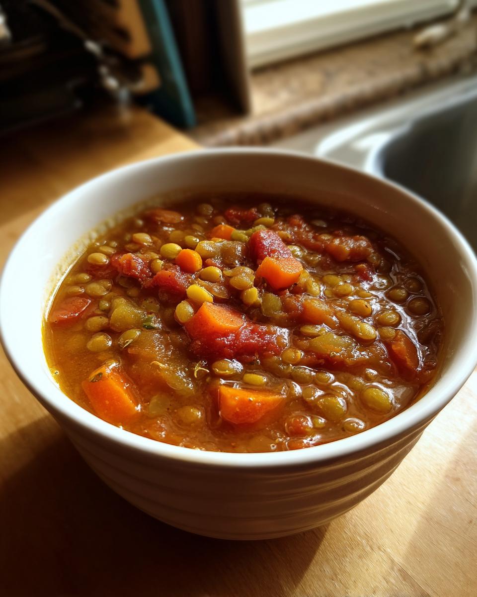 A close-up of a bowl filled with hearty lentil vegetable soup, featuring lentils, carrots, and tomatoes.