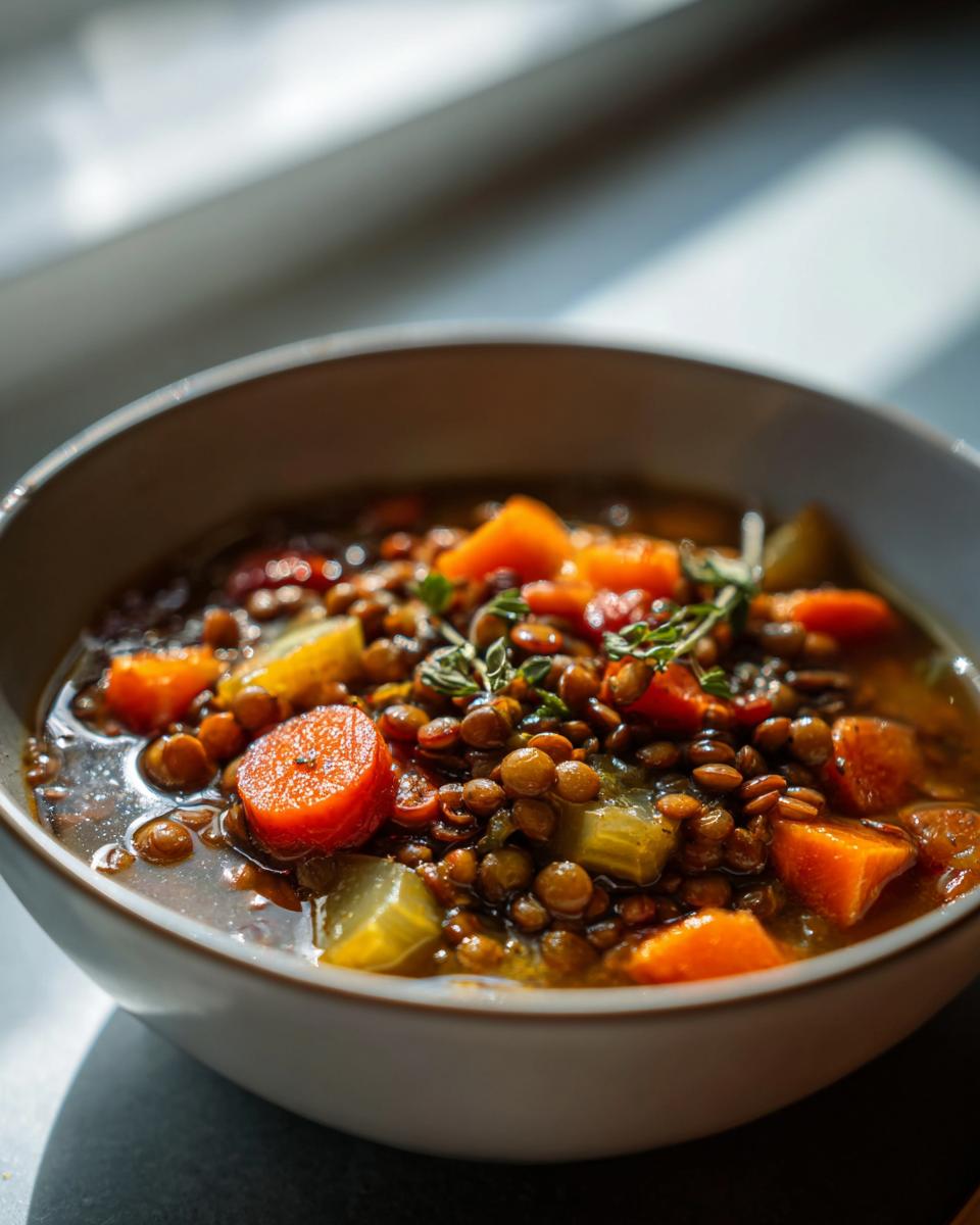 A close-up of a bowl of lentil vegetable soup, featuring lentils, carrots, celery, and herbs.