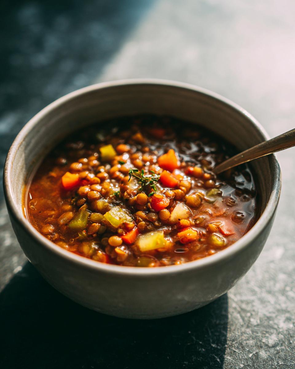 A close-up of a bowl of lentil vegetable soup, packed with lentils, carrots, and celery, perfect for meal prep.