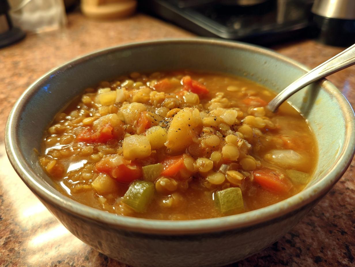 A close-up of a bowl of lentil vegetable soup, packed with lentils, carrots, potatoes, and celery, perfect for meal prep.