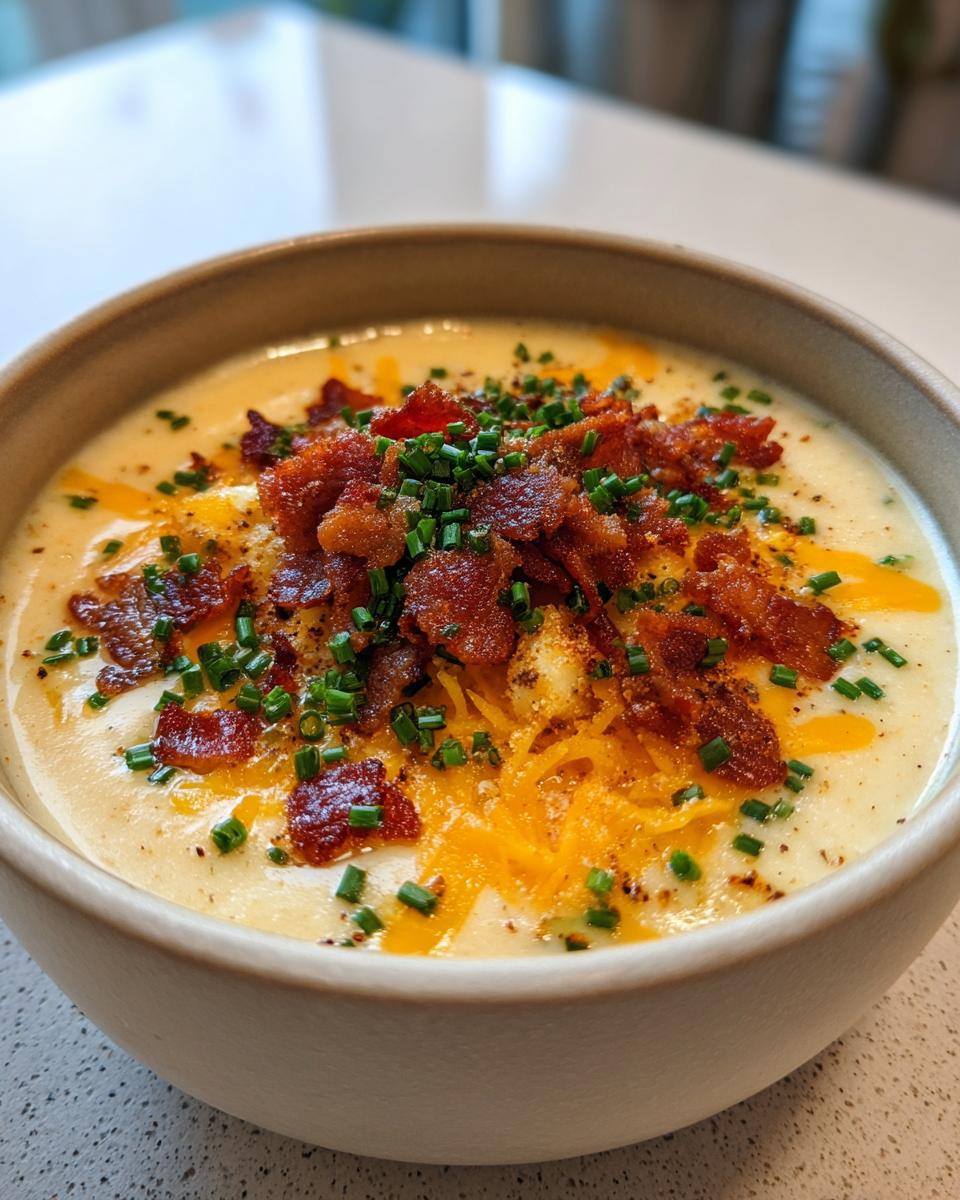 A bowl of creamy loaded baked potato soup topped with crispy bacon, shredded cheddar cheese, and fresh chives.