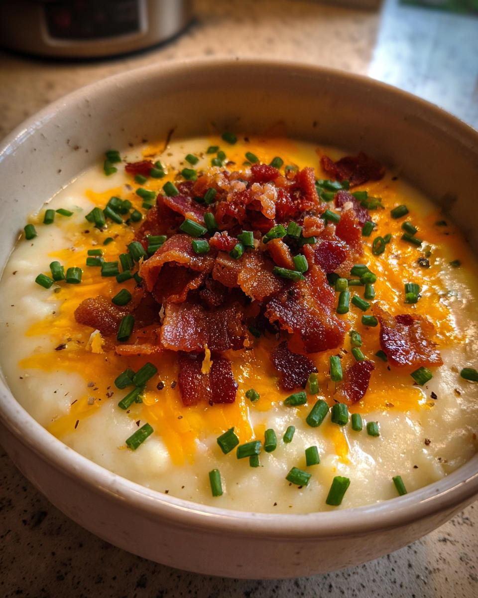 A bowl of creamy loaded baked potato soup topped with shredded cheddar cheese, crispy bacon bits, and fresh chives.