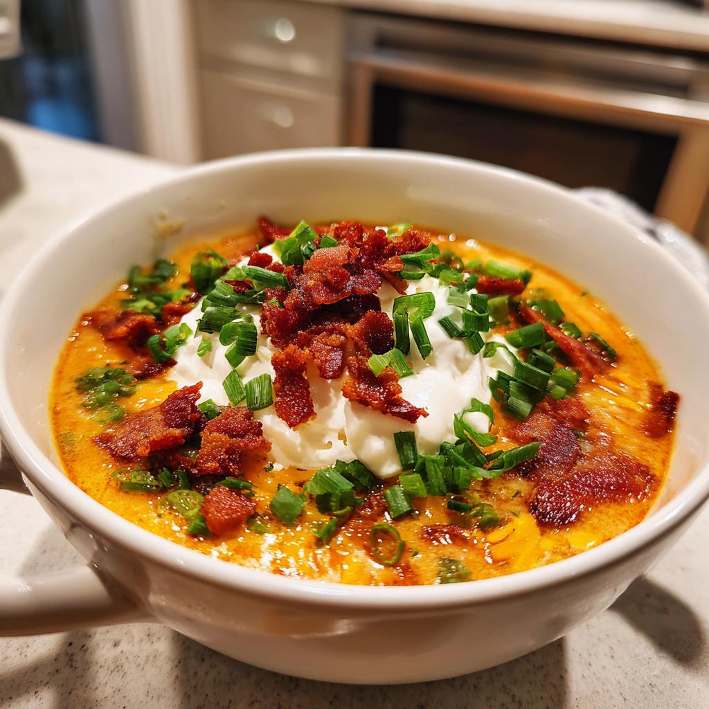 A close-up of a hearty bowl of Loaded Broccoli Cheddar Soup, topped with sour cream, bacon, and chives.