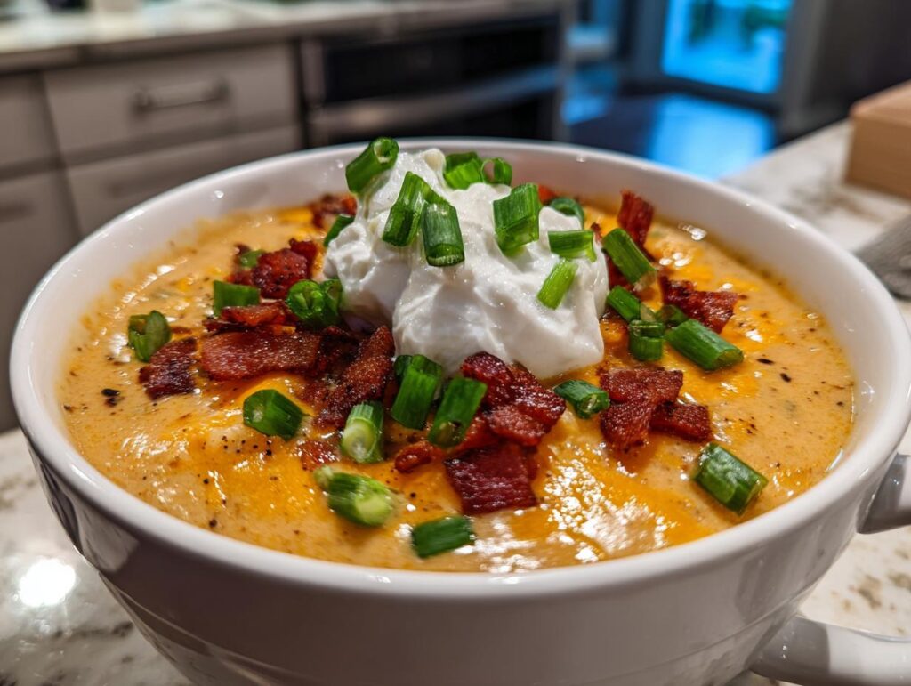 A close-up of a white bowl filled with loaded broccoli cheddar soup, topped with sour cream, bacon bits, and chives.