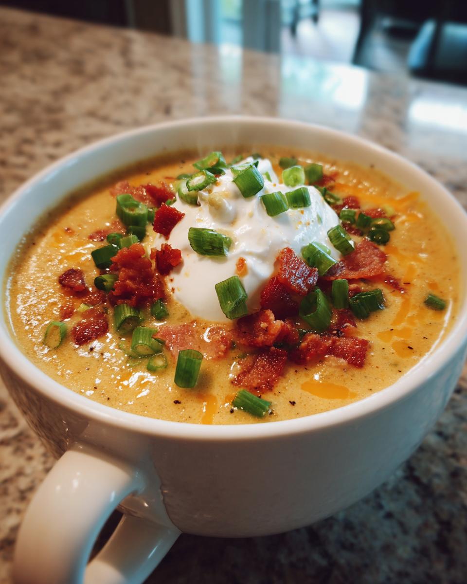 A steaming bowl of Loaded Broccoli Cheddar Soup topped with sour cream, bacon bits, and chopped green onions.
