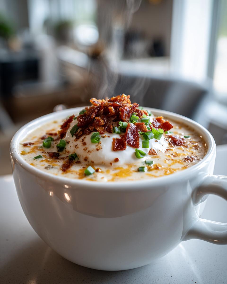 A steaming bowl of Loaded Broccoli Cheddar Soup topped with sour cream, crispy bacon, and fresh chives.