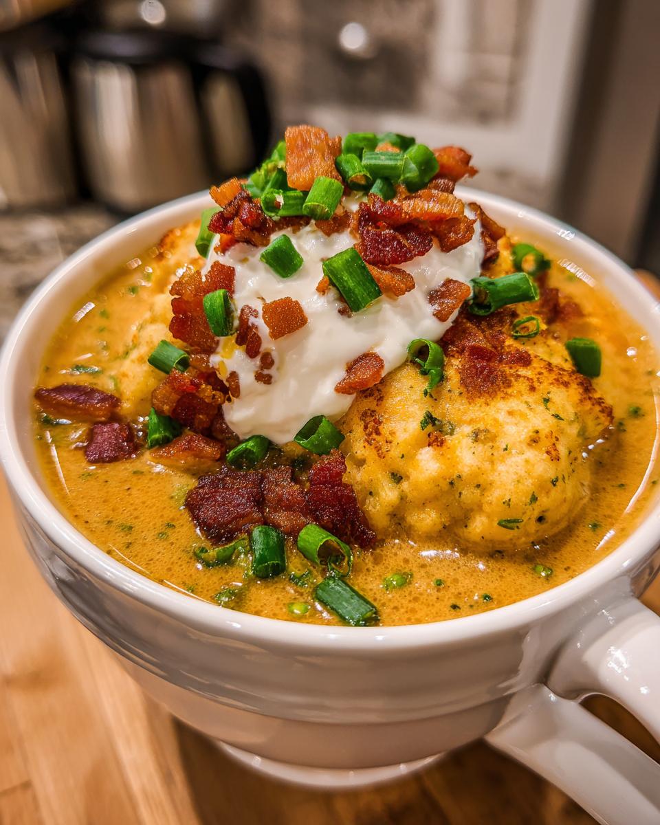 A hearty bowl of Loaded Broccoli Cheddar Soup topped with a dollop of sour cream, crispy bacon, and fresh chives.