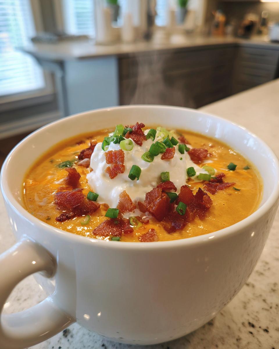 A steaming bowl of Loaded Broccoli Cheddar Soup topped with sour cream, bacon bits, and green onions.