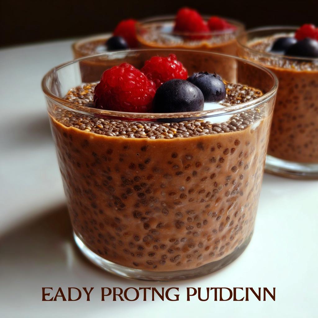 Close-up of a glass of chocolate low carb protein pudding topped with chia seeds, yogurt, raspberries, and blueberries.