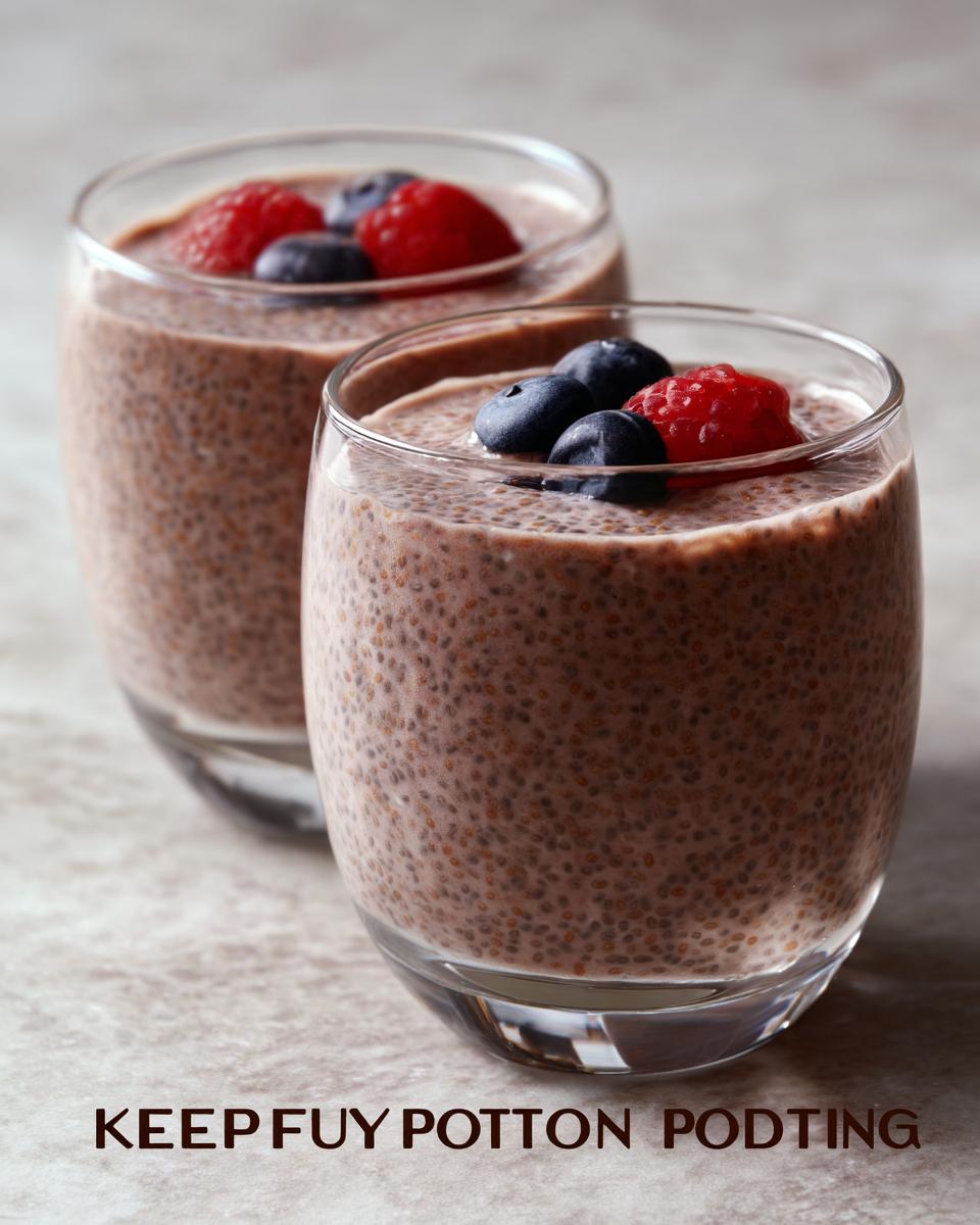 Two glasses of Low Carb Protein Pudding topped with fresh blueberries and raspberries.