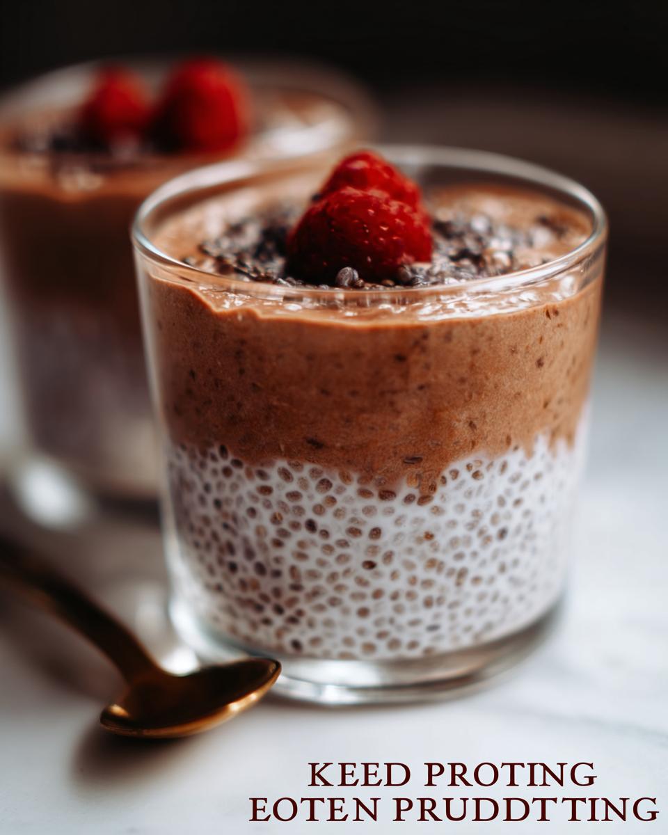 A close-up of a glass of low carb protein pudding layered with chia seeds and topped with raspberries and cacao nibs.