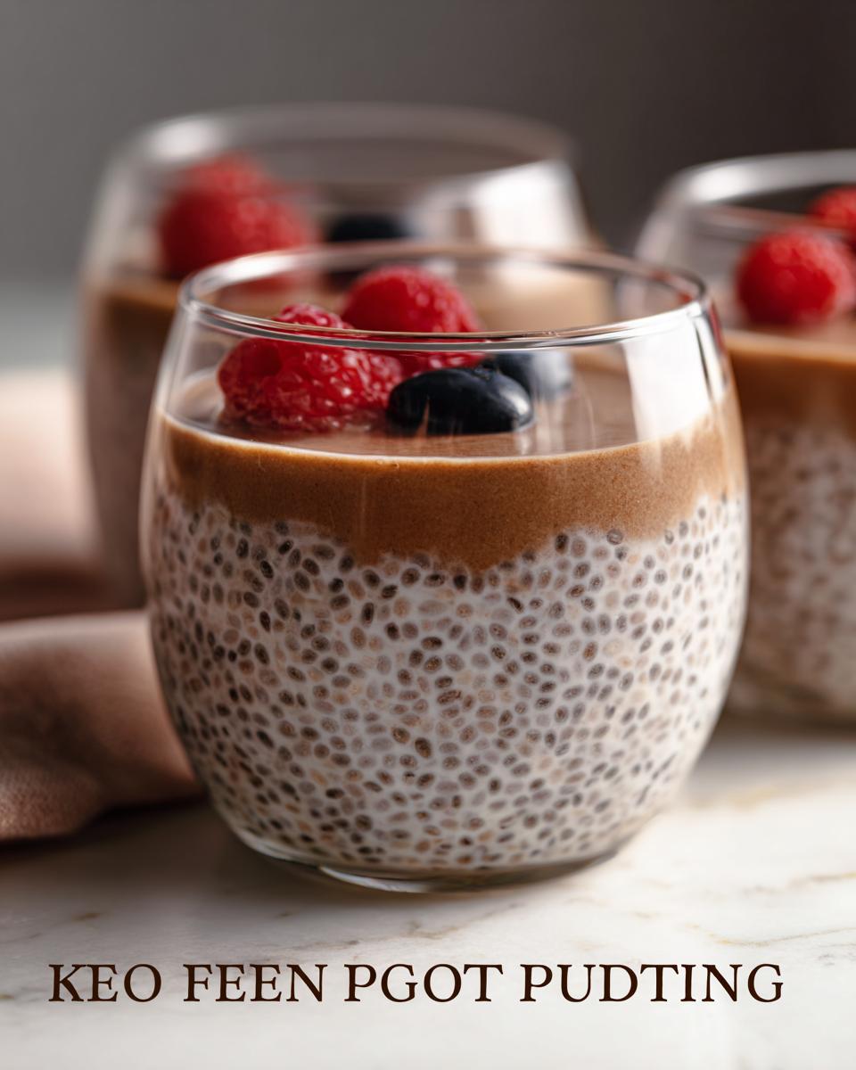 Close-up of a glass of Low Carb Protein Pudding with chia seeds, topped with chocolate and fresh raspberries and blueberries.
