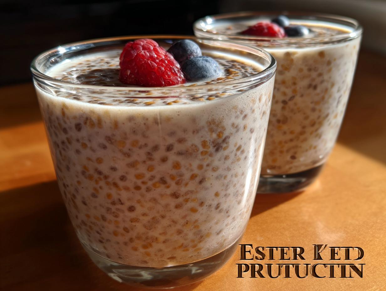 Two glasses of creamy Low Carb Protein Pudding topped with fresh raspberries and blueberries.