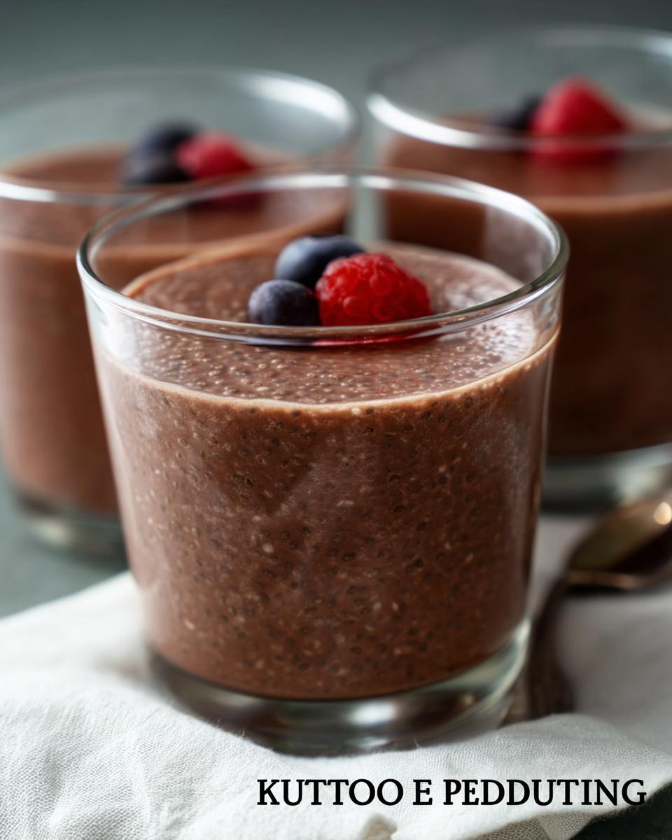 Close-up of a glass of chocolate Low Carb Protein Pudding topped with fresh blueberries and raspberries.