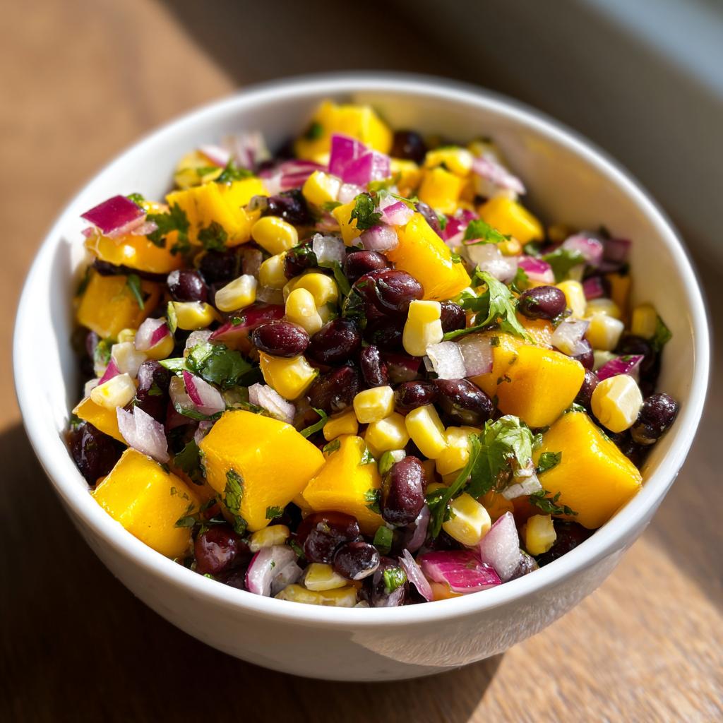 A close-up of a white bowl filled with a vibrant Summer Salad Recipe: Mango Black Bean Salad with corn, red onion, and cilantro.