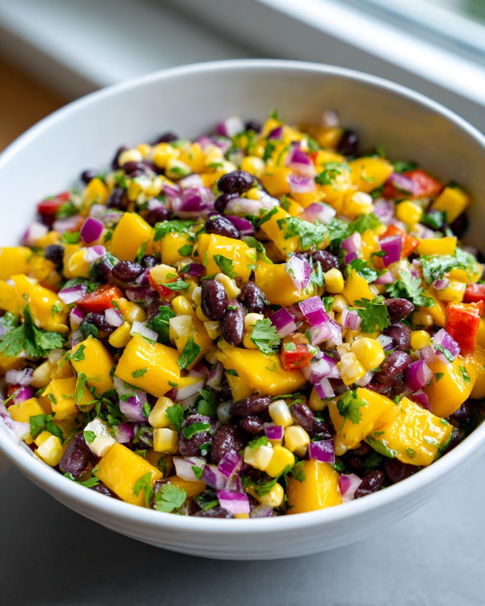A vibrant bowl of mango black bean salad, featuring diced mango, black beans, corn, red onion, and cilantro.
