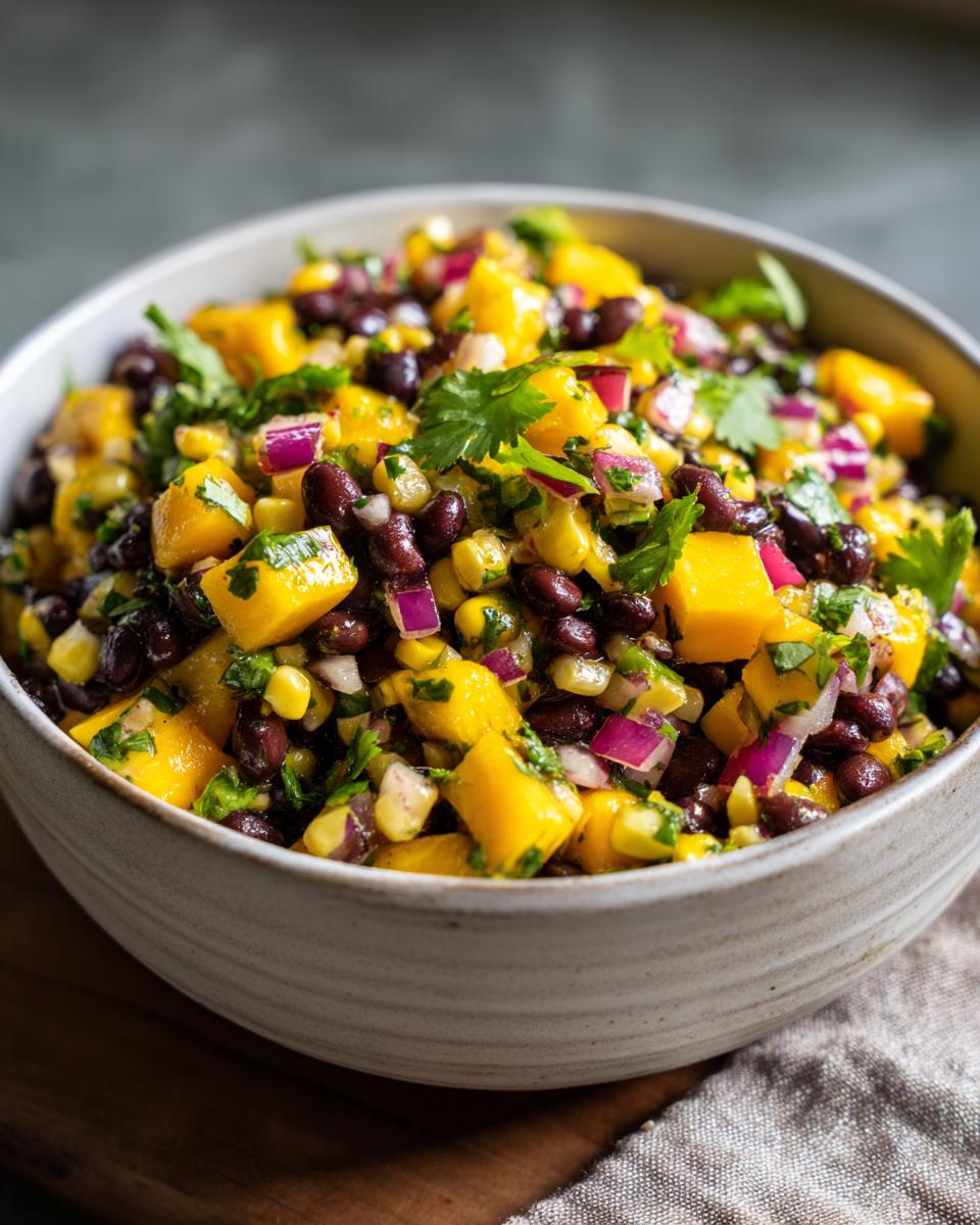 A close-up of a bowl filled with a vibrant mango black bean salad, featuring diced mango, black beans, corn, red onion, and cilantro.