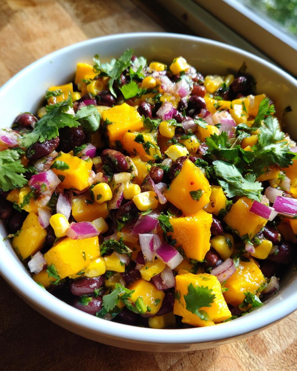 Close-up of a vibrant Mango Black Bean Salad in a white bowl, featuring diced mango, black beans, corn, red onion, and cilantro.