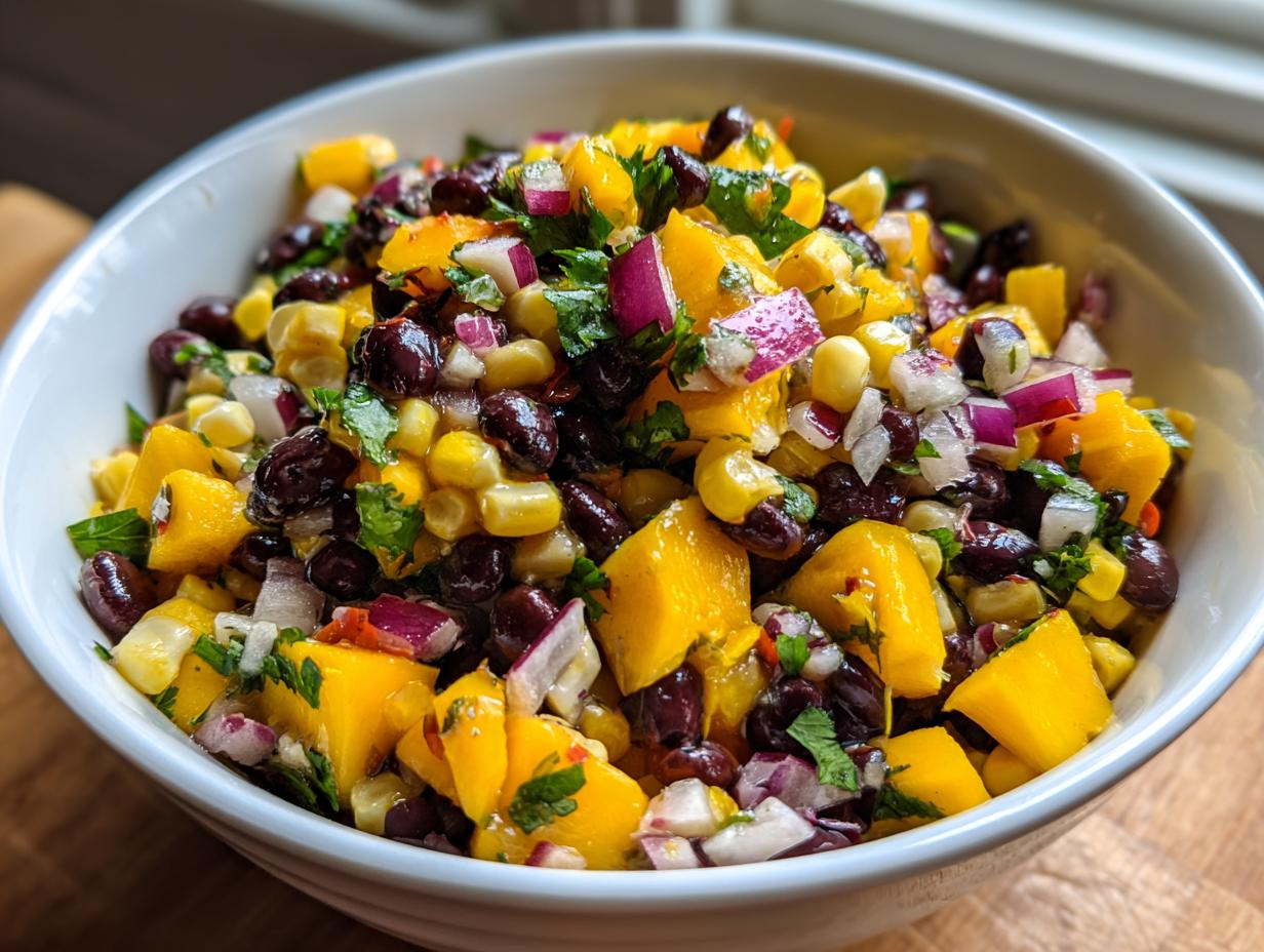 A vibrant bowl of Mango Black Bean Salad, featuring chunks of mango, black beans, corn, red onion, and cilantro.