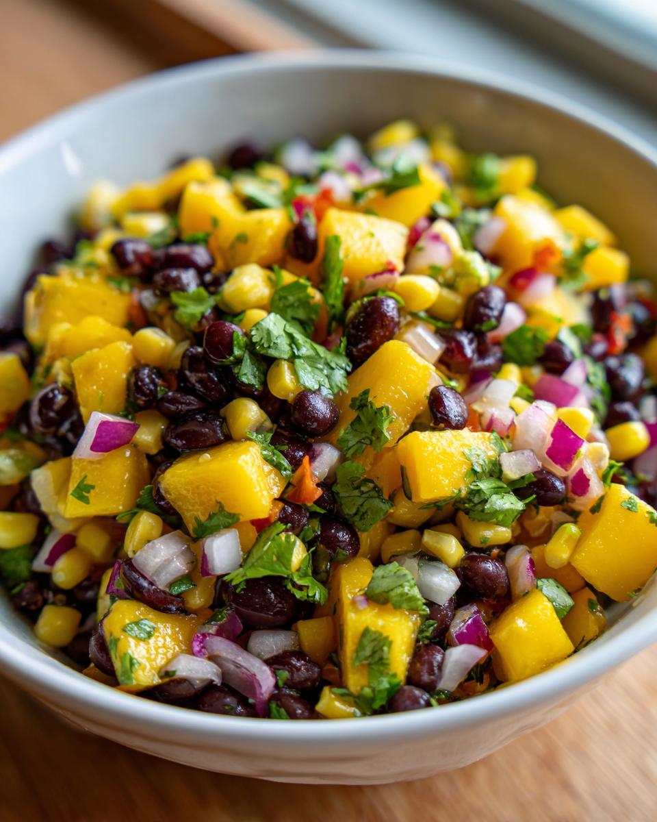 Close-up of a vibrant Mango Black Bean Salad with corn, red onion, and cilantro in a white bowl.