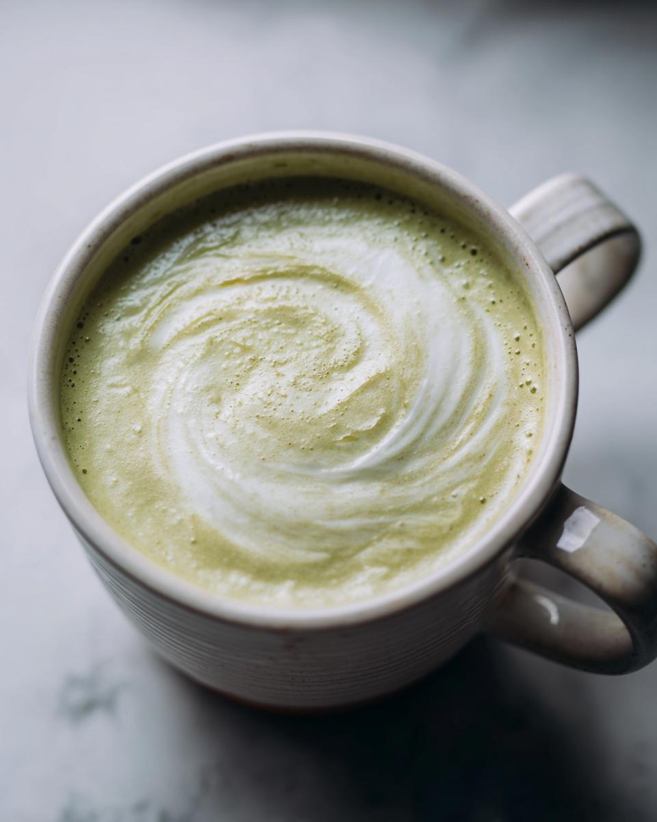 A close-up of a creamy matcha latte with a beautiful white foam swirl in a rustic mug.