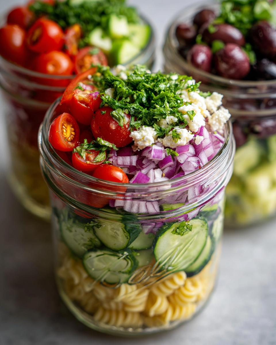 Close-up of a Mediterranean pasta salad jar filled with rotini pasta, cucumber slices, red onion, cherry tomatoes, feta cheese, and parsley.