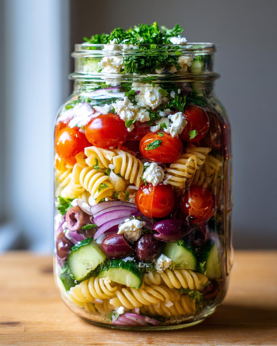 A layered Mediterranean pasta salad jar with fusilli pasta, cherry tomatoes, feta cheese, olives, cucumber, and red onion, topped with parsley.