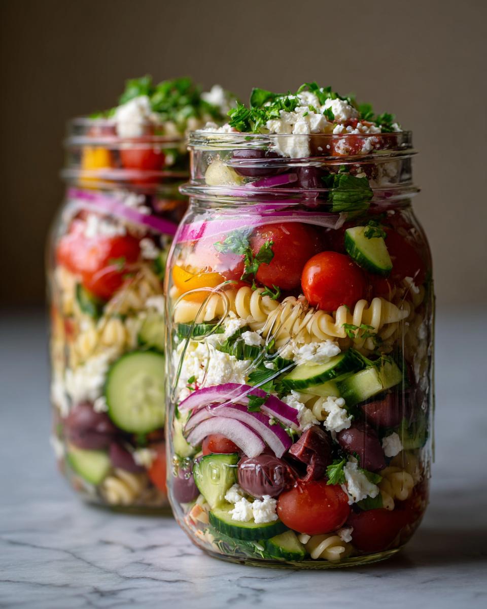 Two mason jars filled with Mediterranean pasta salad, featuring fusilli pasta, cherry tomatoes, cucumbers, red onion, olives, and feta cheese.