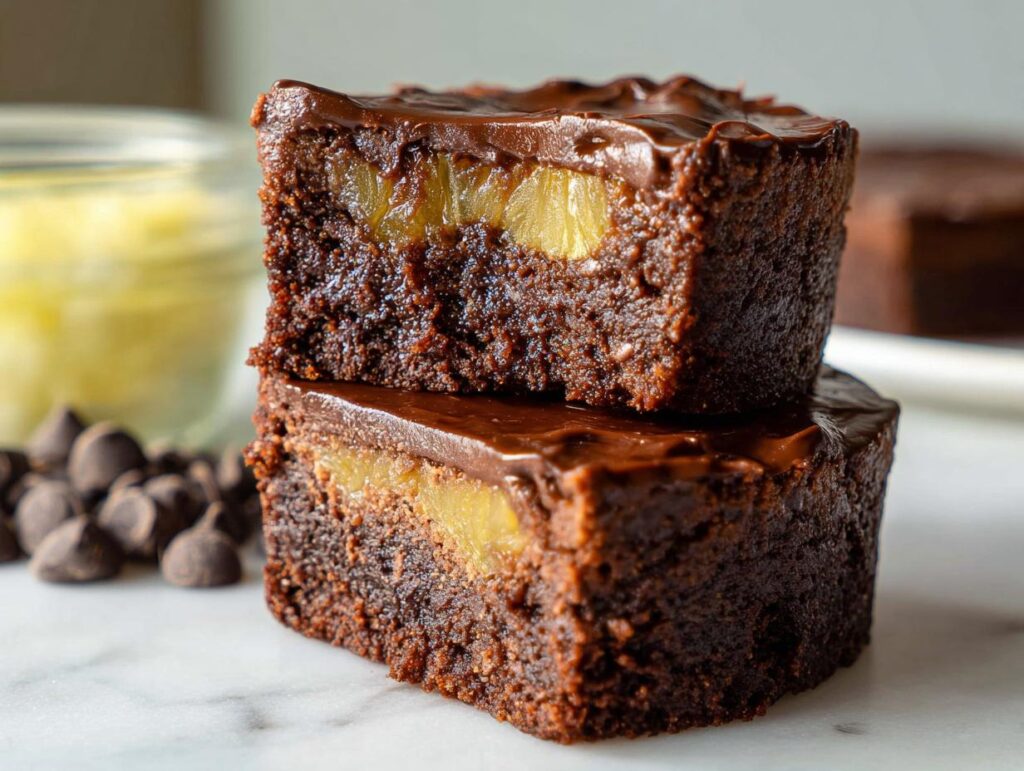 Two stacked Mini Pineapple Upside-Down Cheesecakes topped with chocolate glaze, showing pineapple chunks inside.