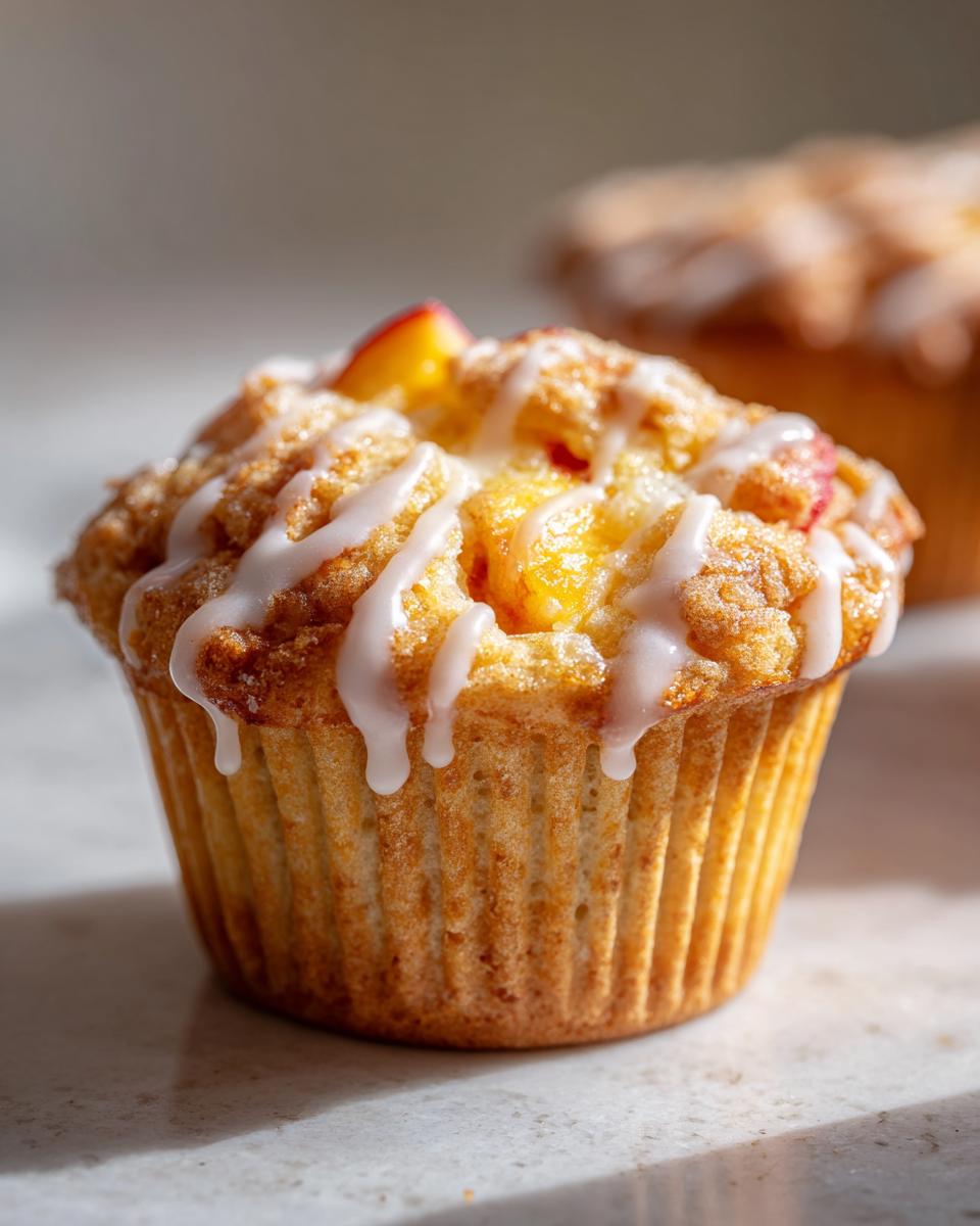 Close-up of a moist peach muffin topped with vanilla glaze and visible peach chunks.