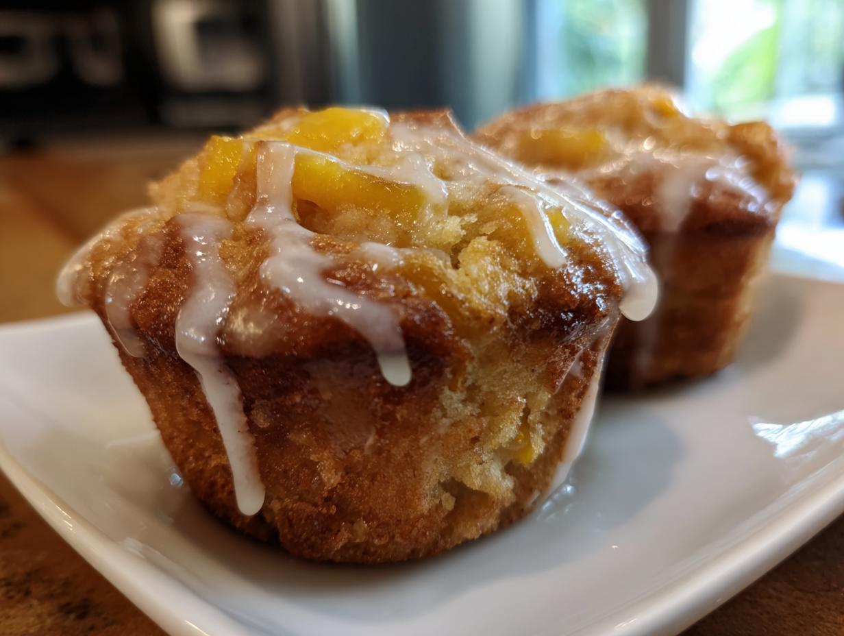 Close-up of two moist peach muffins topped with a sweet vanilla glaze.