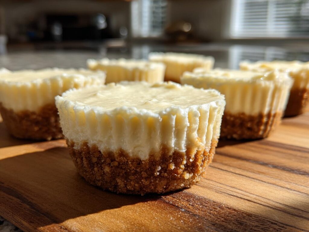 Close-up of several no-bake cheesecake cups with graham cracker crust, perfect for Fourth of July desserts.