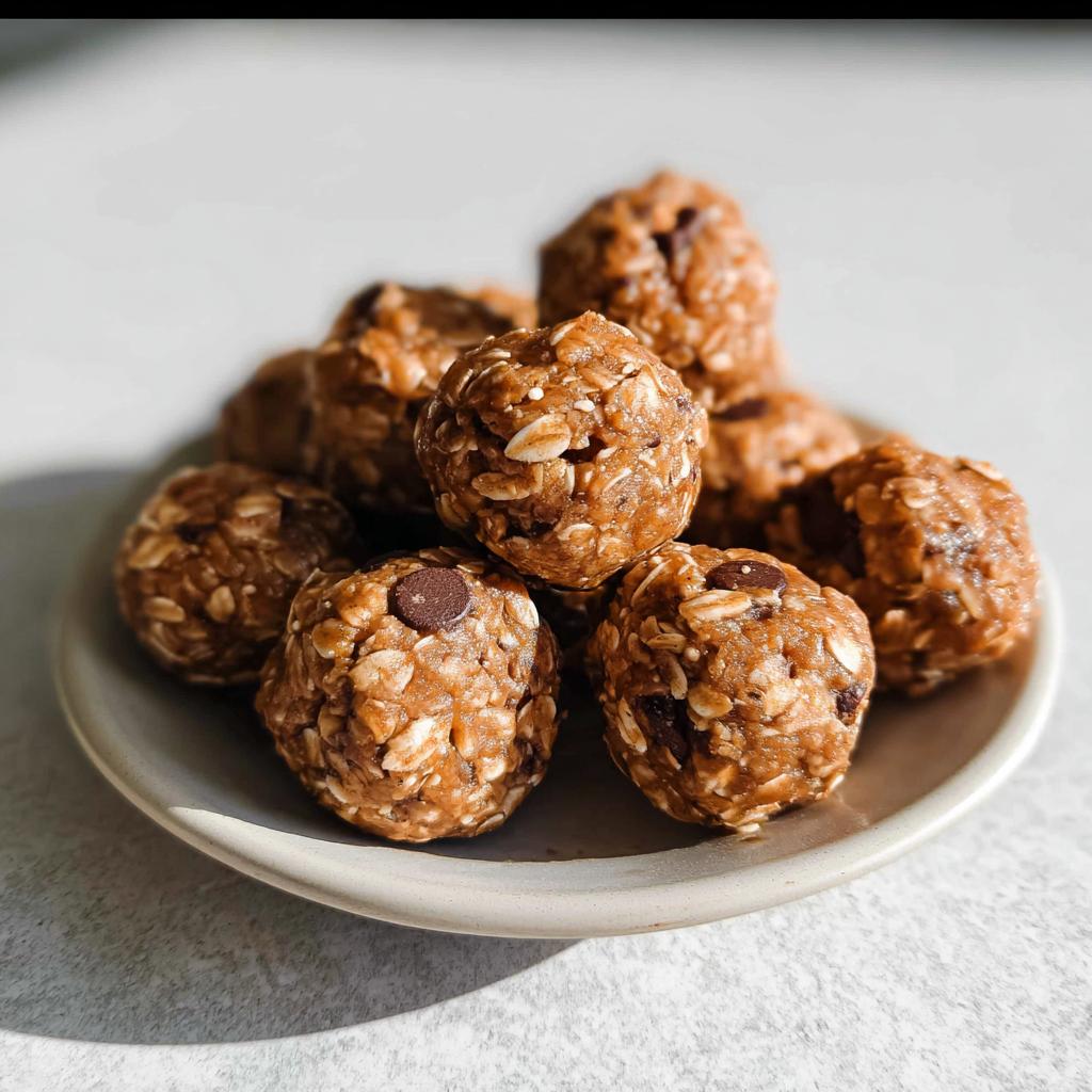 A pile of delicious No-Bake Chocolate Peanut Butter Protein Balls on a plate, studded with chocolate chips.