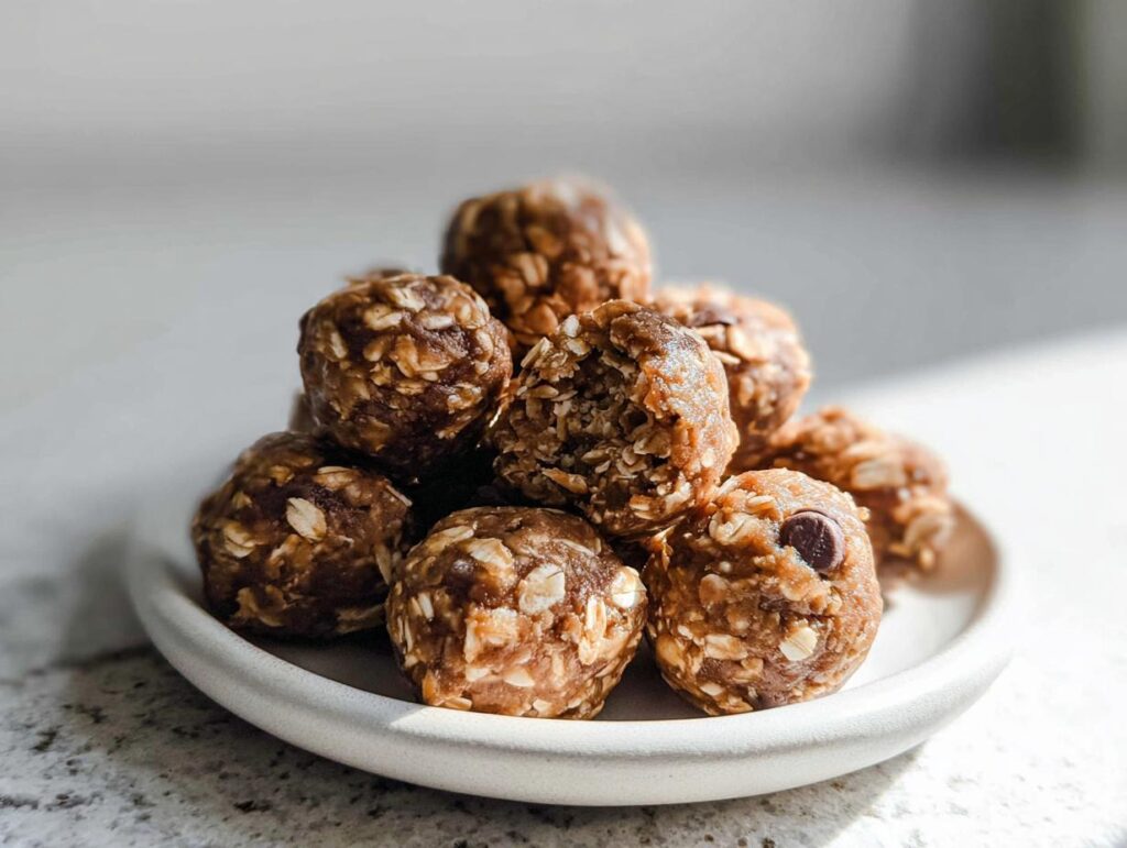 A pile of delicious No-Bake Chocolate Peanut Butter Protein Balls on a white plate, with visible oats and chocolate chips.
