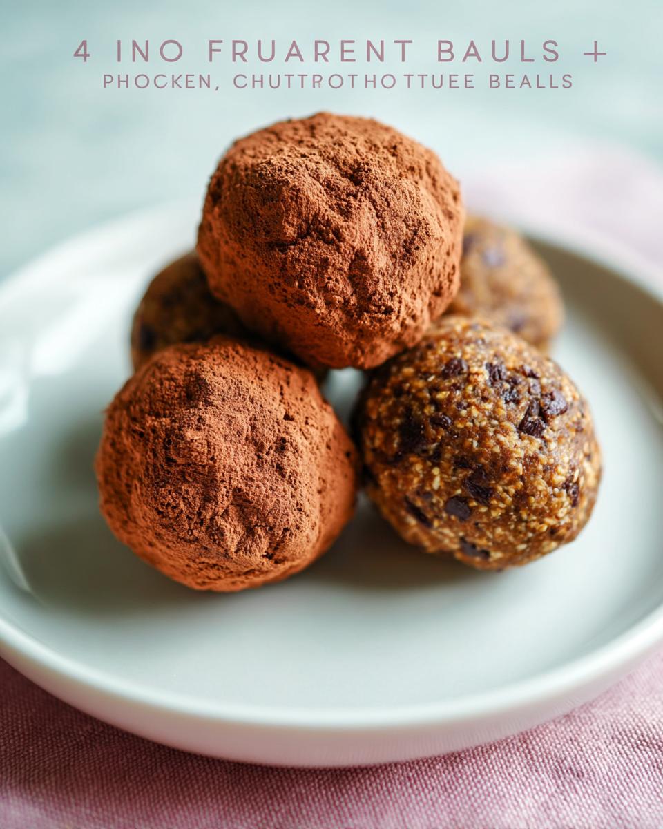 Close-up of no-bake chocolate peanut butter protein balls, some coated in cocoa powder, on a white plate.