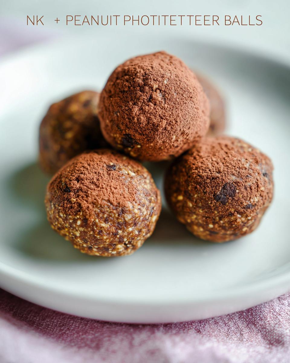 Close-up of no-bake chocolate peanut butter protein balls dusted with cocoa powder.