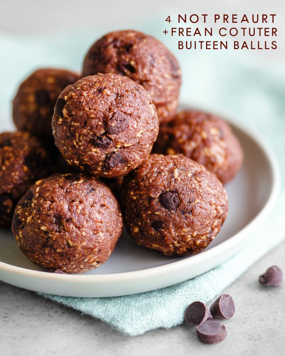 A pile of No-Bake Chocolate Peanut Butter Protein Balls with chocolate chips, served on a white plate with a teal napkin.