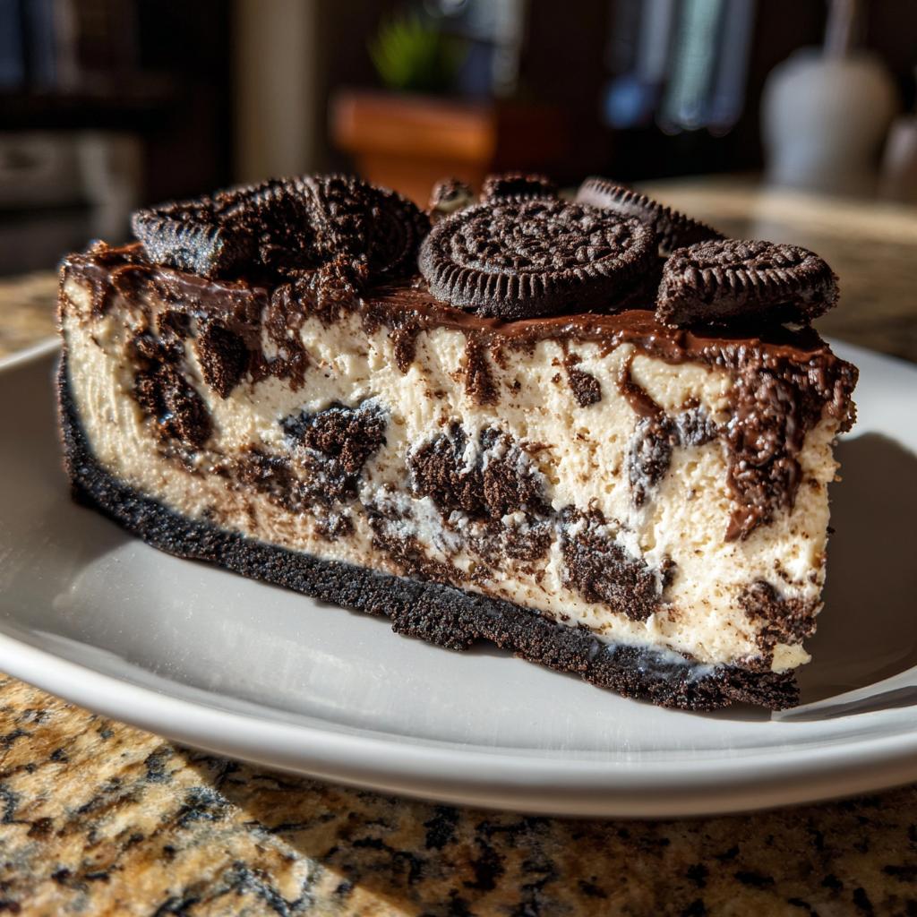 A slice of no bake Oreo cheesecake with chocolate ganache and whole Oreos on top.