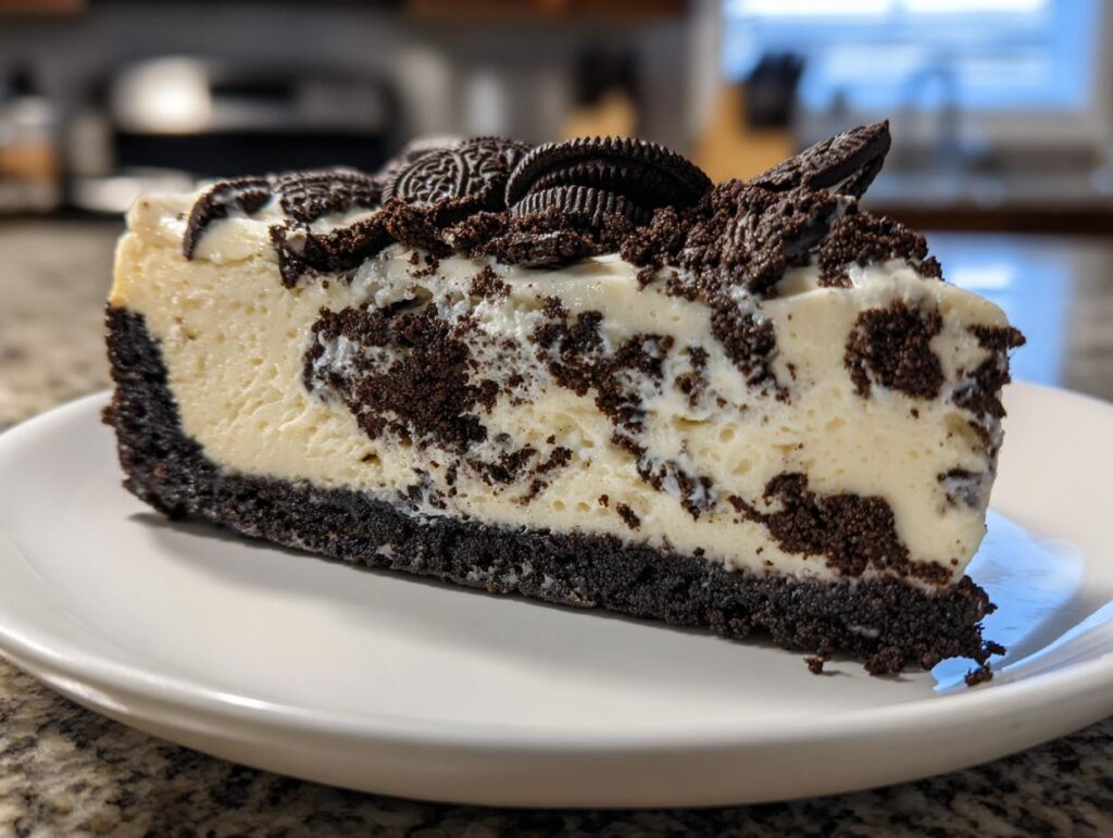 A delicious slice of no bake Oreo cheesecake on a white plate, topped with crushed Oreos.