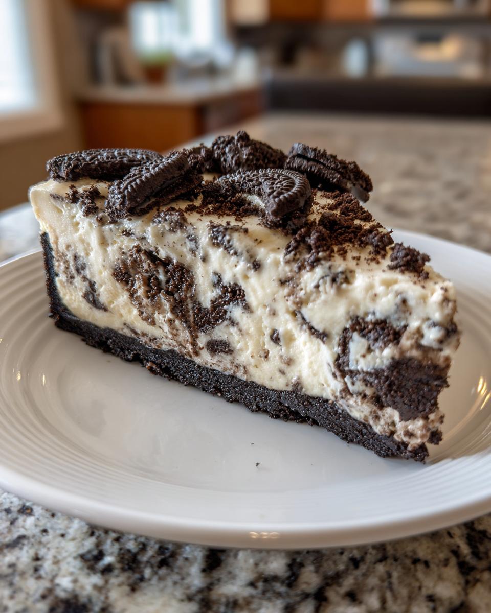A slice of no bake Oreo cheesecake on a white plate, topped with crushed Oreos and whole Oreo cookies.
