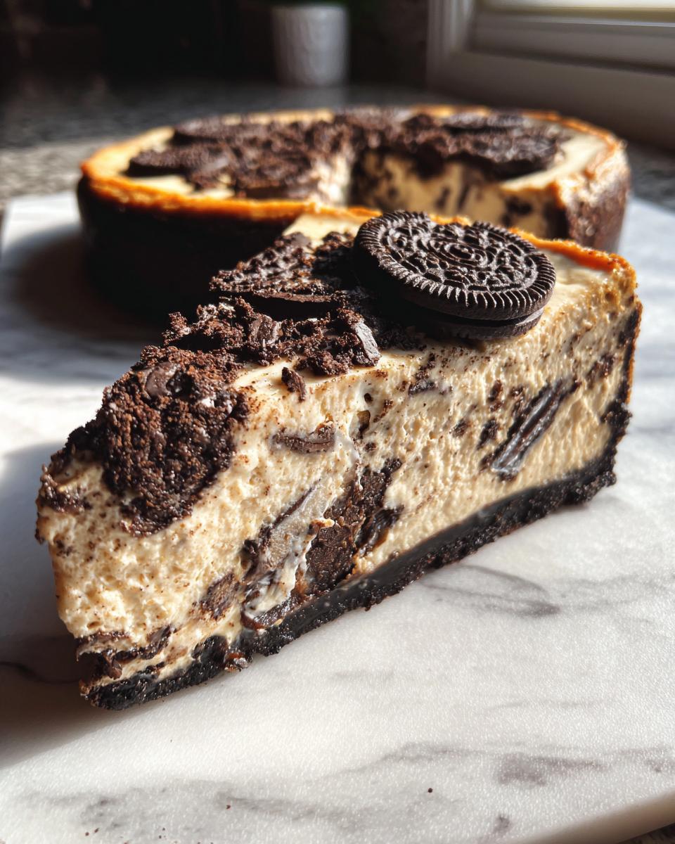 A decadent slice of no bake Oreo cheesecake, topped with crushed Oreos and a whole Oreo cookie.