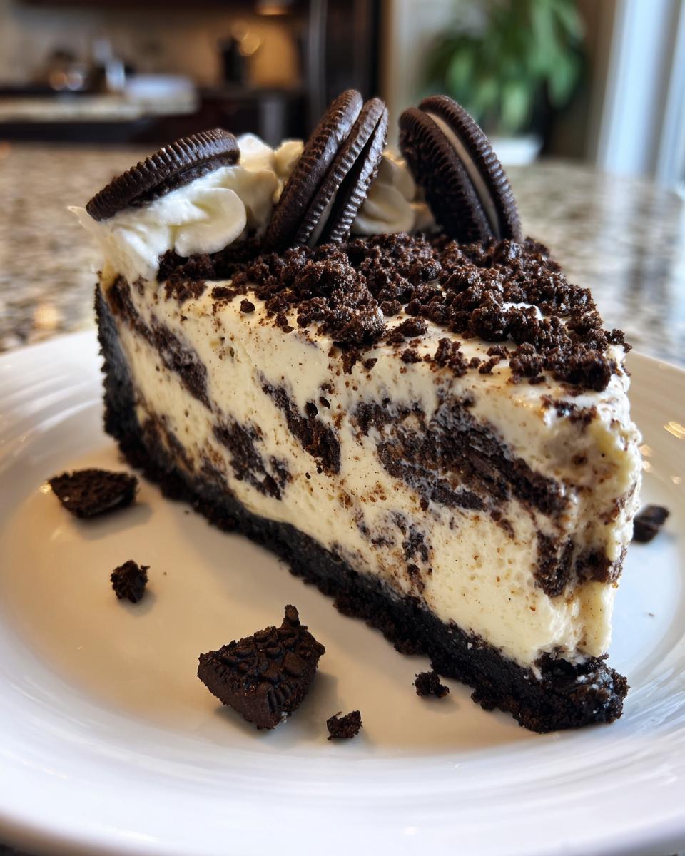 A delicious slice of no bake Oreo cheesecake topped with whipped cream and Oreo cookies.